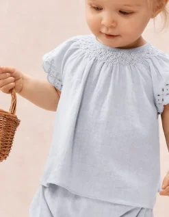 Baby Organic Cotton Blue Broderie Frill Blouse & Bloomers Set (0–2yrs)