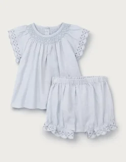 Baby Organic Cotton Blue Broderie Frill Blouse & Bloomers Set (0–2yrs)