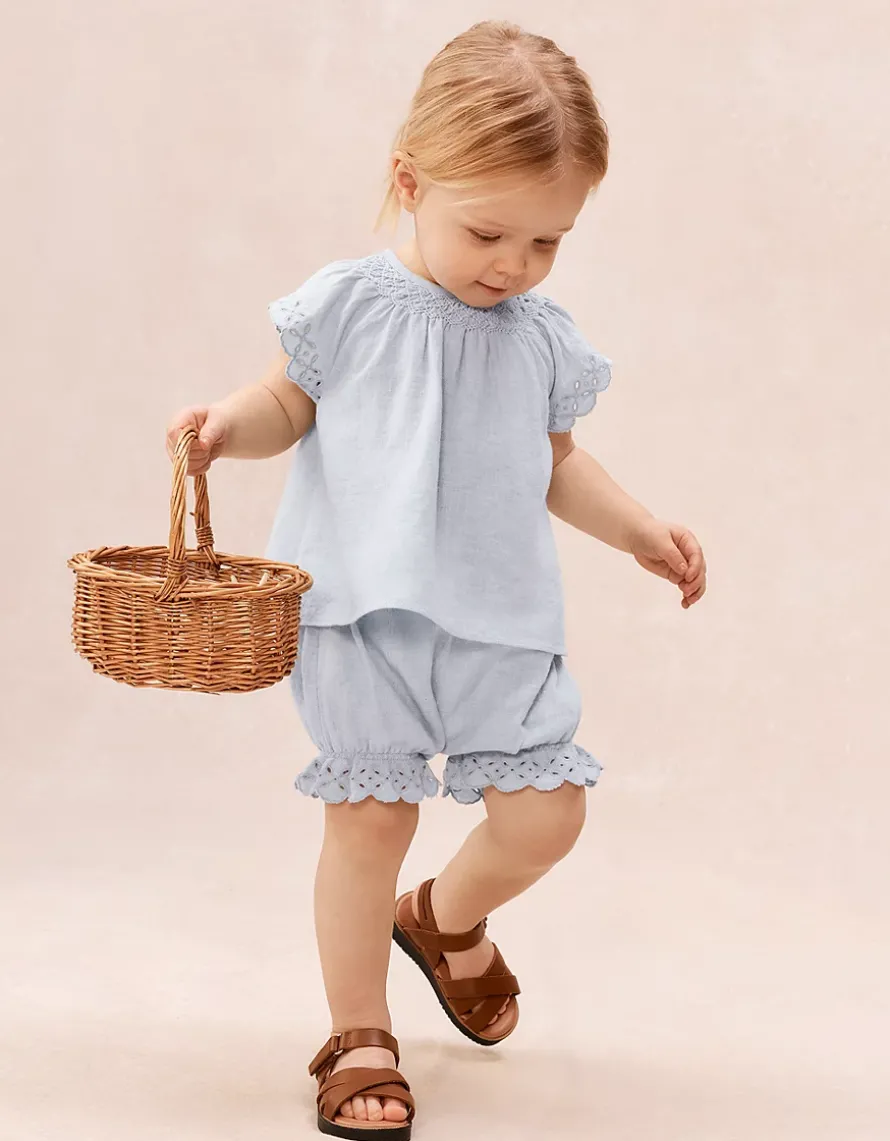 Baby Organic Cotton Blue Broderie Frill Blouse & Bloomers Set (0–2yrs)