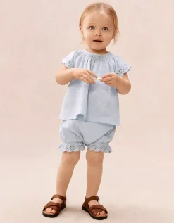 Baby Organic Cotton Blue Broderie Frill Blouse & Bloomers Set (0–2yrs)