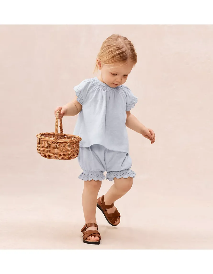 Baby Organic Cotton Blue Broderie Frill Blouse & Bloomers Set (0–2yrs)