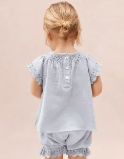 Baby Organic Cotton Blue Broderie Frill Blouse & Bloomers Set (0–2yrs)