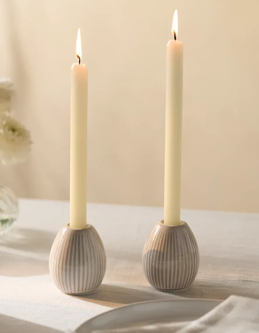 Ceramic Ribbed Dinner Candle Holders – Set of 2