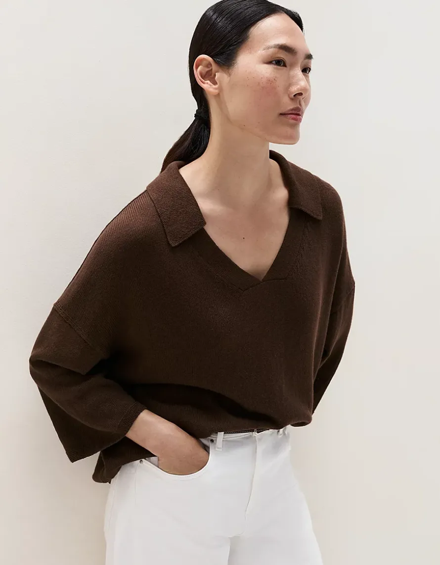 Cotton Linen Open Collar Knitted Top