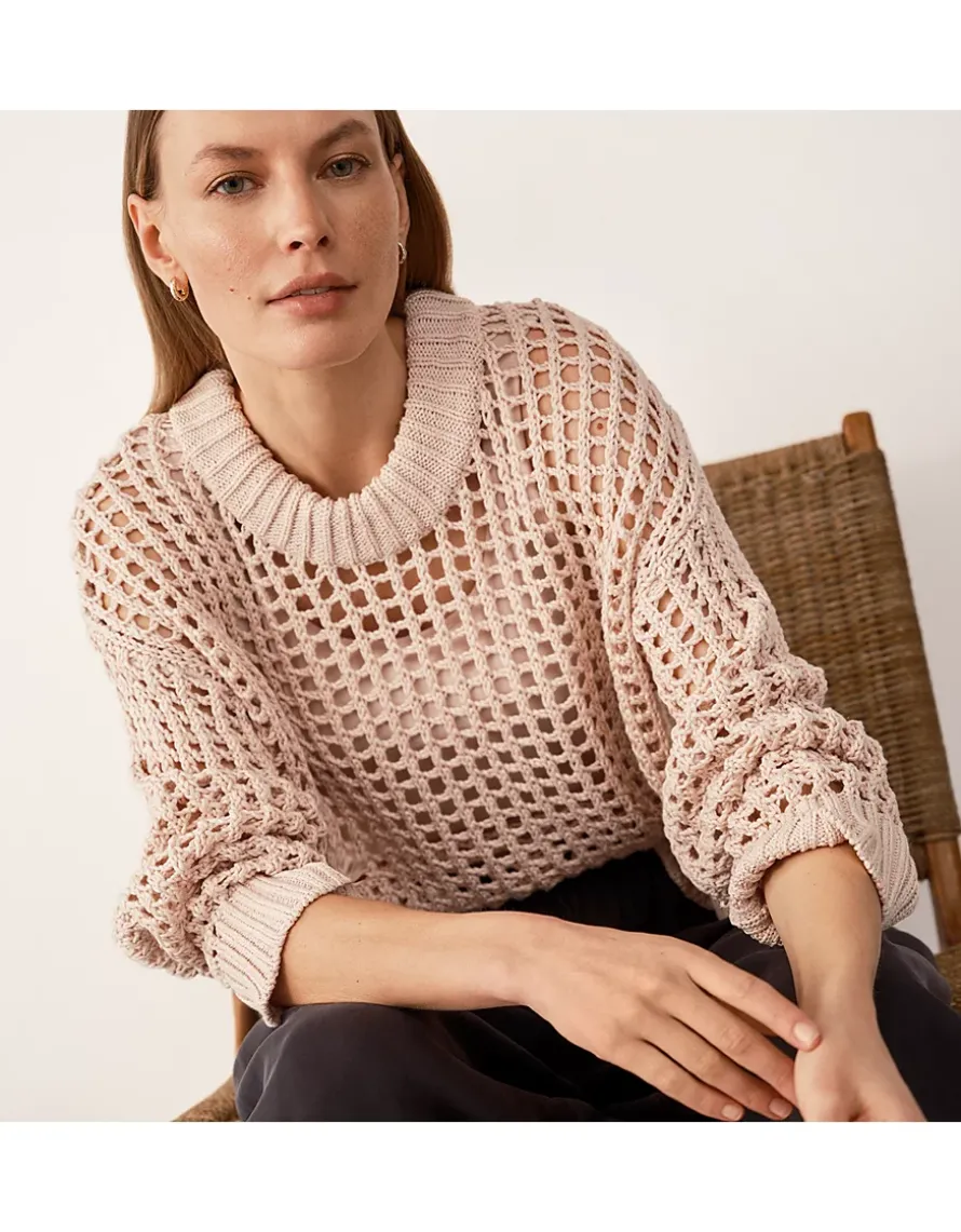 Cotton Rib Trim Crochet Sweater