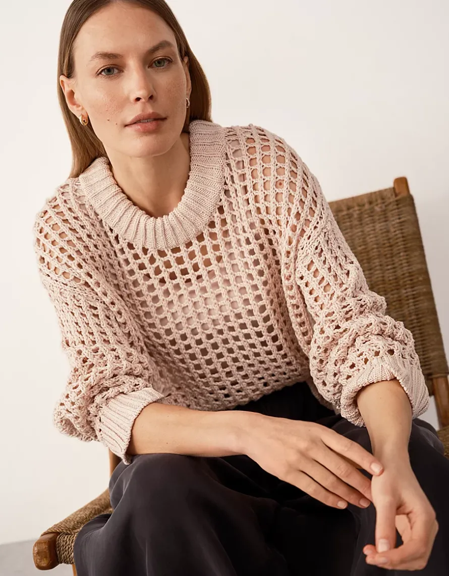 Cotton Rib Trim Crochet Sweater