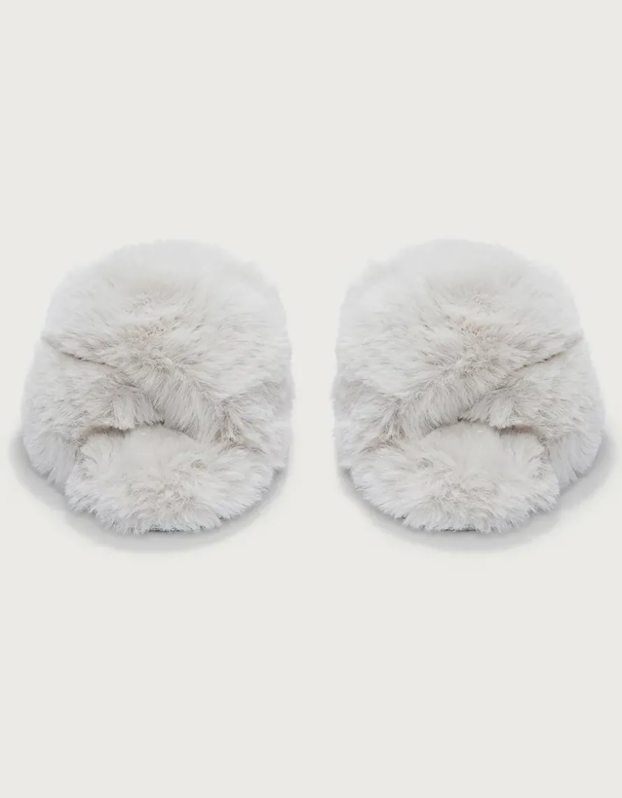 Faux Fur Cross Slider Slippers