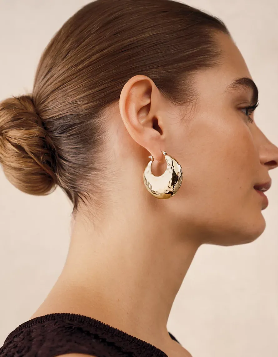 Gold Plated Hammered Statement Hoop Earrings