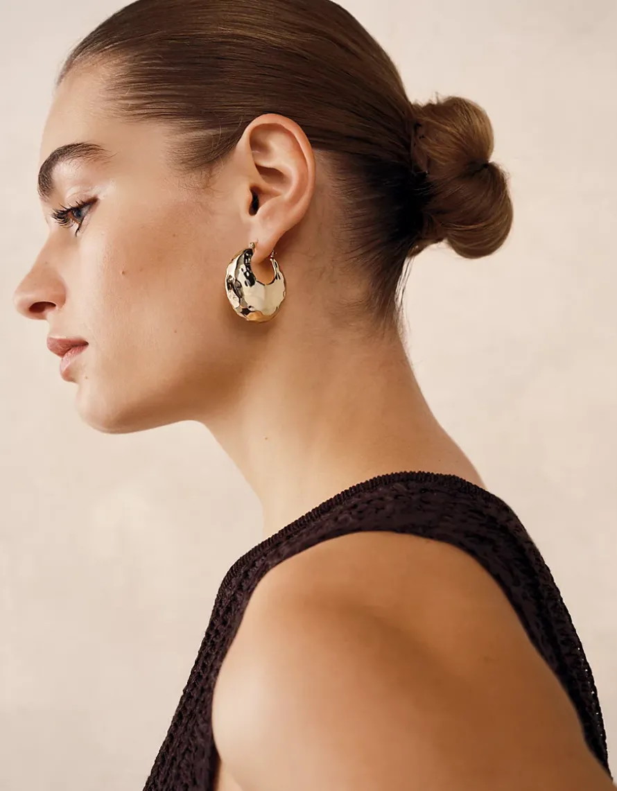 Gold Plated Hammered Statement Hoop Earrings