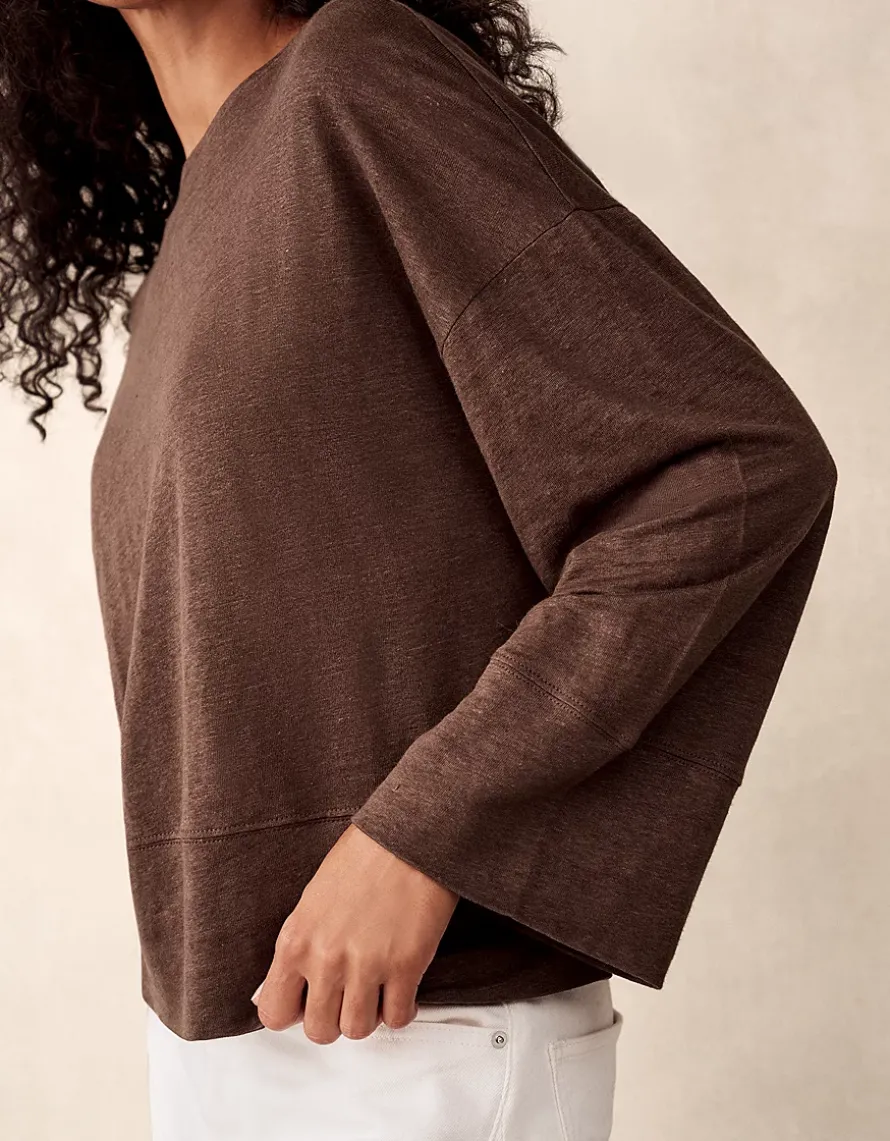 Jersey Linen Boat Neck Deep Hem Long Sleeve Tee