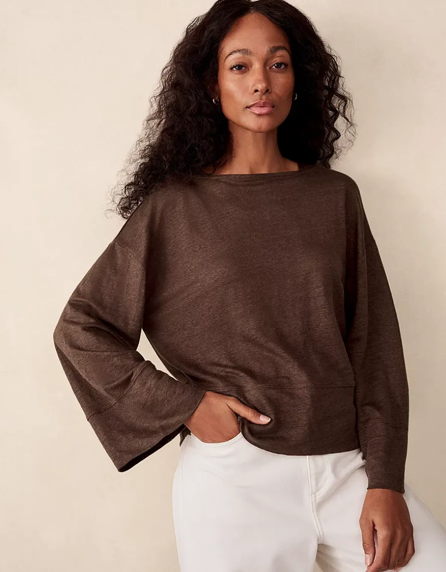 Jersey Linen Boat Neck Deep Hem Long Sleeve Tee