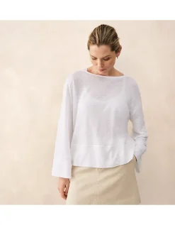 Jersey Linen Boat Neck Deep Hem Long Sleeve Tee