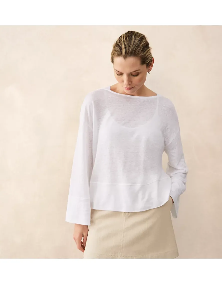 Jersey Linen Boat Neck Deep Hem Long Sleeve Tee