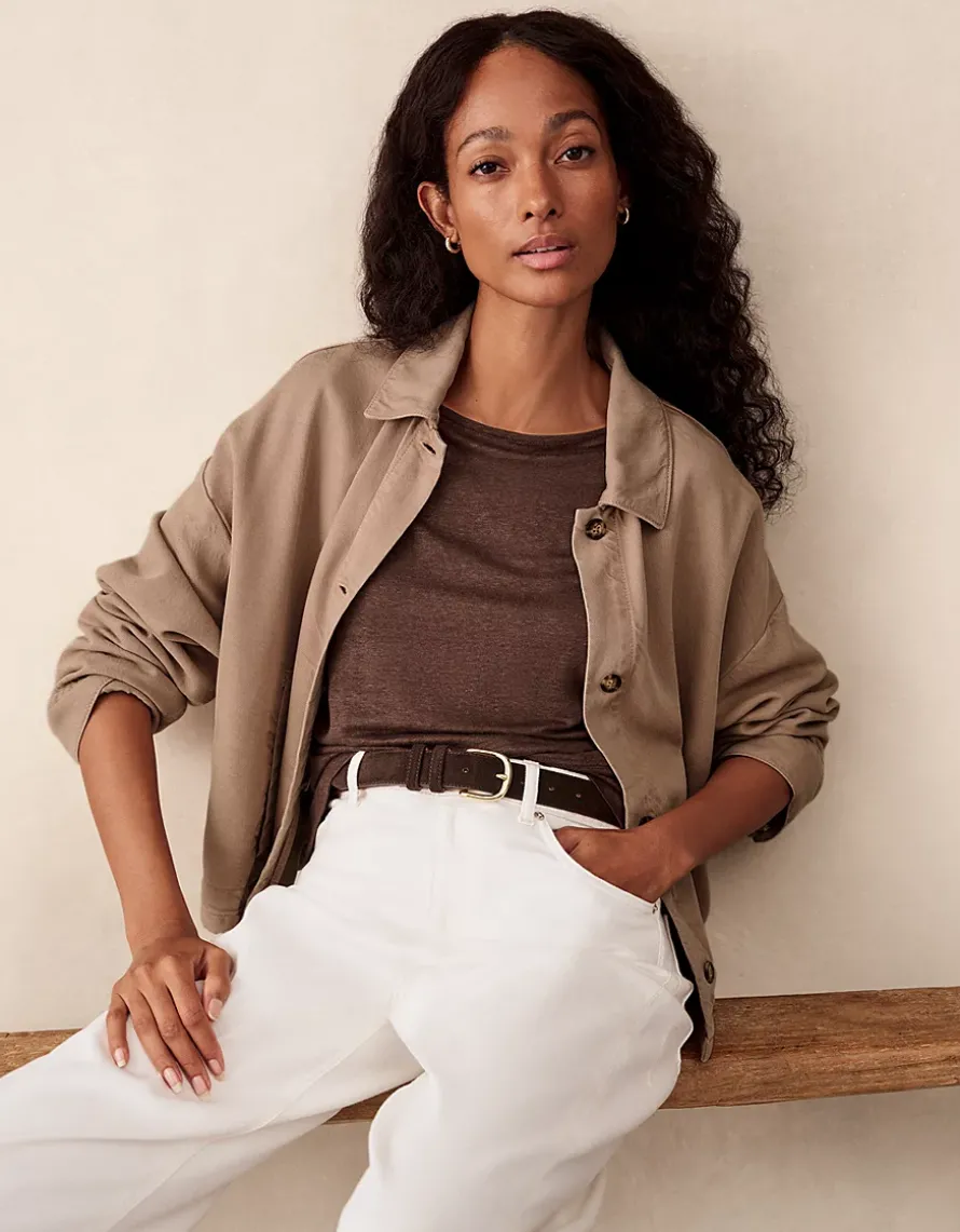 Jersey Linen Boat Neck Deep Hem Long Sleeve Tee