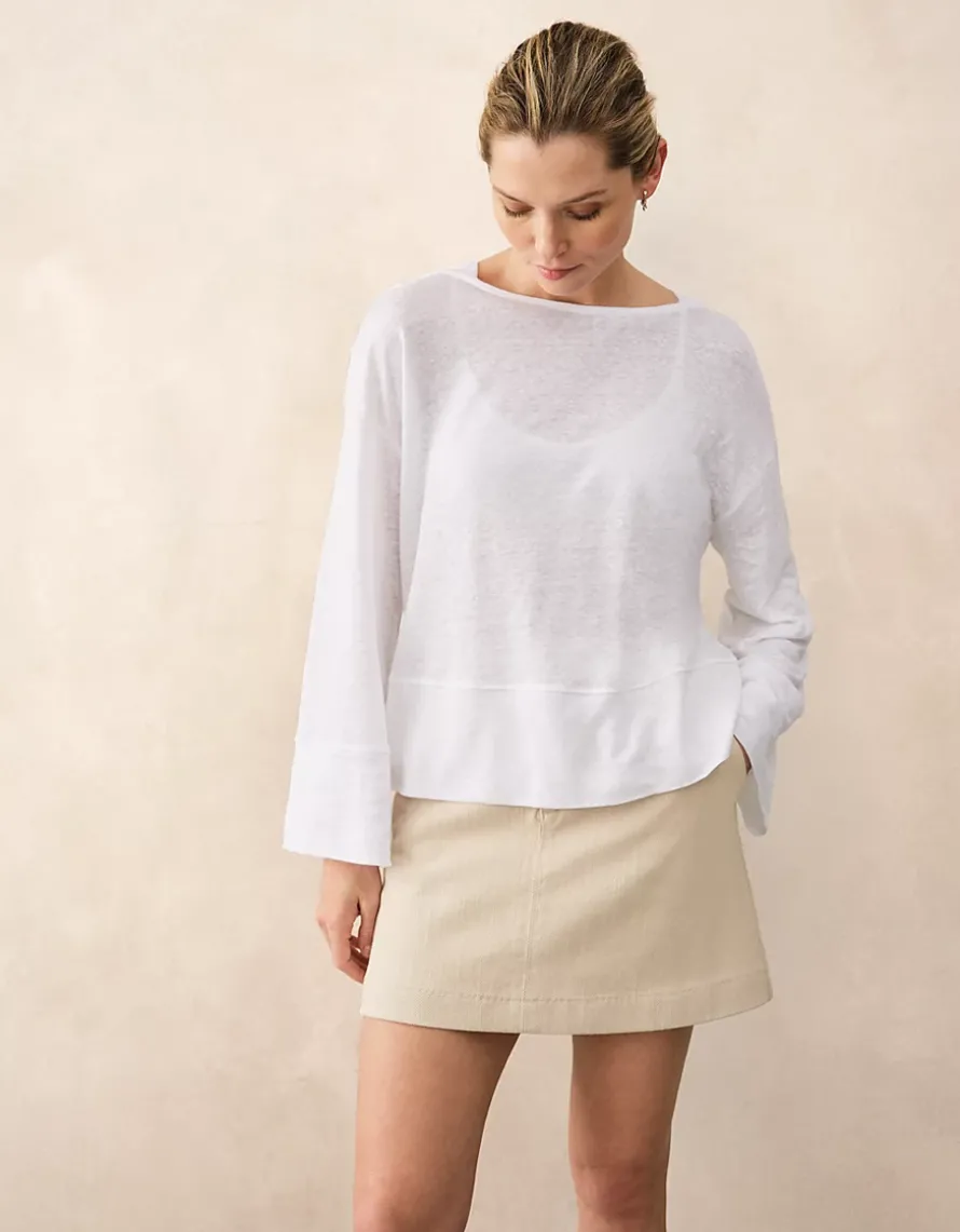 Jersey Linen Boat Neck Deep Hem Long Sleeve Tee