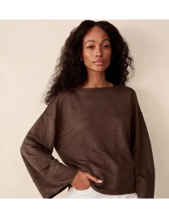 Jersey Linen Boat Neck Deep Hem Long Sleeve Tee