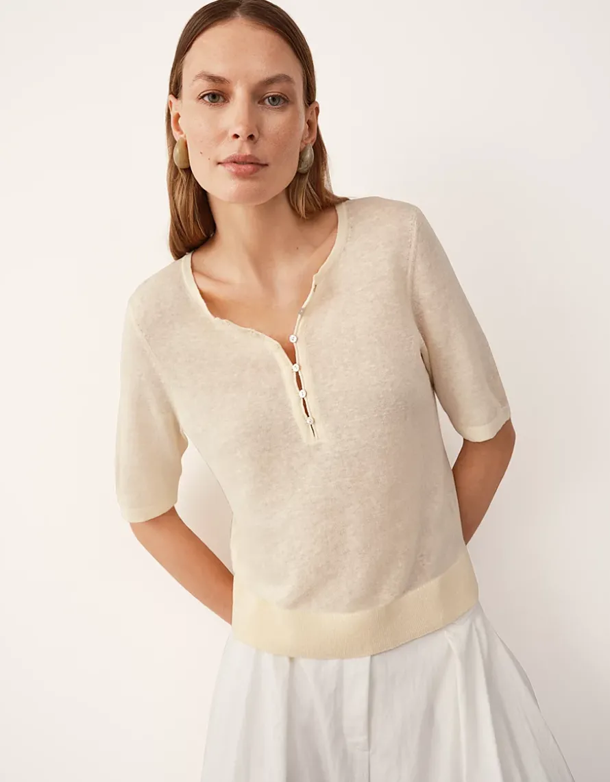 Linen Rich Button Detail Tee