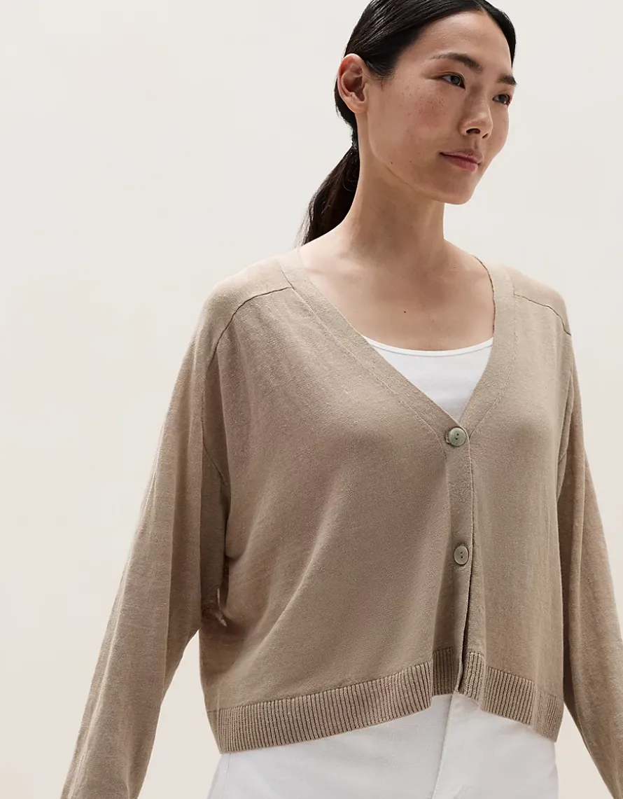 Linen Rich Saddle Shoulder Cropped Cardigan