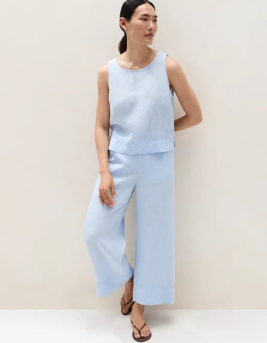 Linen Stitch Detail Cropped Wide-Leg Trousers