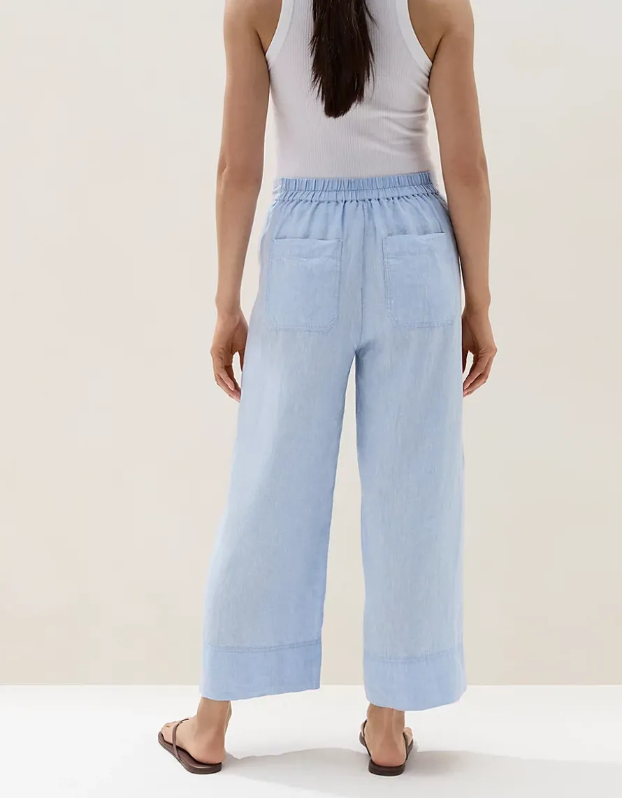 Linen Stitch Detail Cropped Wide-Leg Trousers