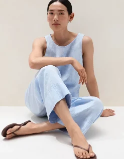 Linen Stitch Detail Cropped Wide-Leg Trousers