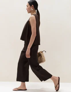 Linen Stitch Detail Cropped Wide Leg Trousers