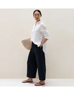 Linen Stitch Detail Cropped Wide Leg Trousers