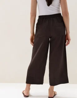 Linen Stitch Detail Cropped Wide Leg Trousers
