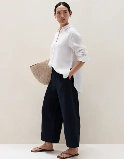 Linen Stitch Detail Cropped Wide Leg Trousers
