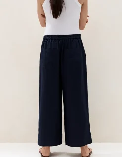 Linen Stitch Detail Cropped Wide Leg Trousers