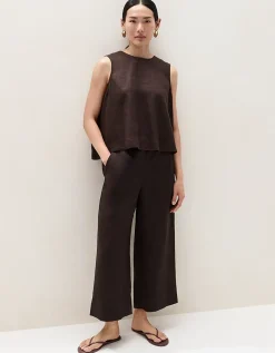 Linen Stitch Detail Cropped Wide Leg Trousers