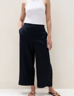 Linen Stitch Detail Cropped Wide Leg Trousers