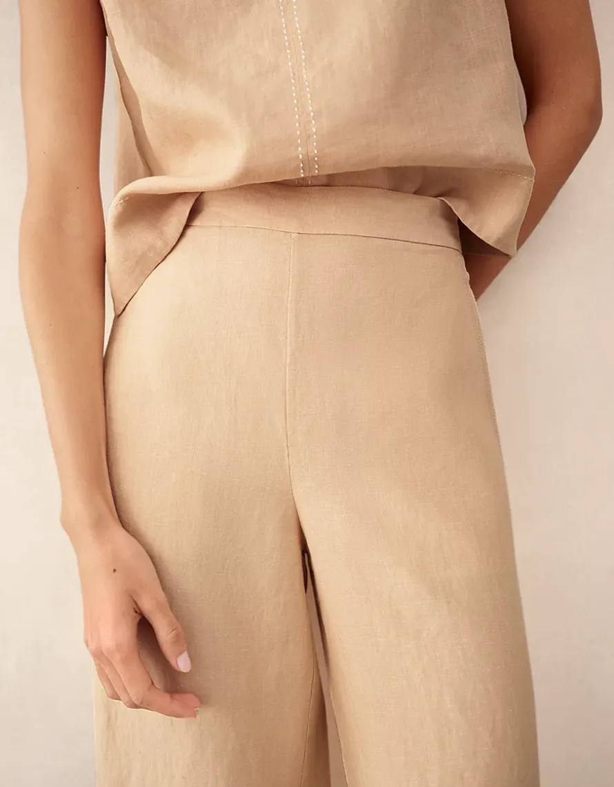 Linen Stitch Detail Cropped Wide Leg Trouser