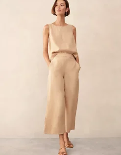 Linen Stitch Detail Cropped Wide Leg Trouser