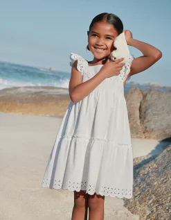 Organic Cotton Blend Broderie Detail Tiered Dress (0–4yrs)