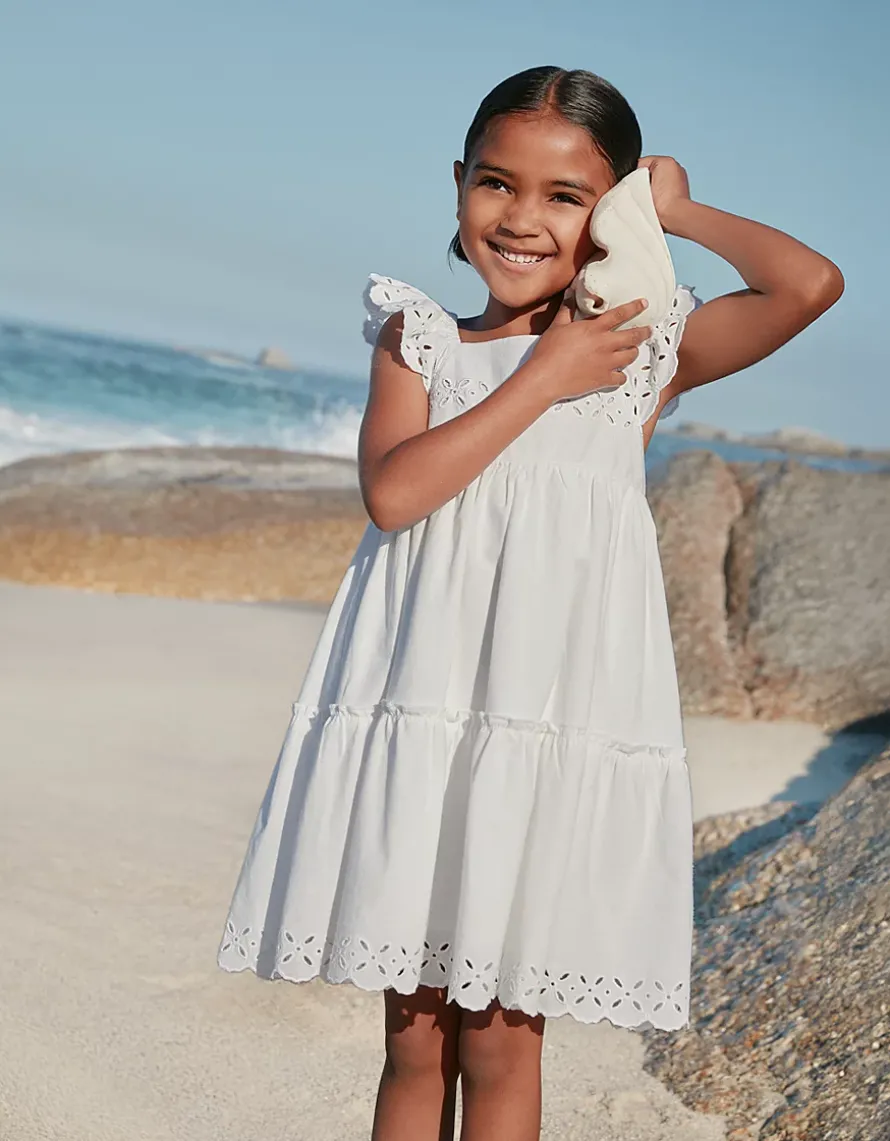 Organic Cotton Blend Broderie Detail Tiered Dress (0–4yrs)