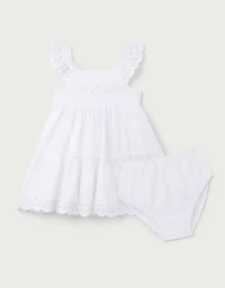 Organic Cotton Blend Broderie Detail Tiered Dress (0–4yrs)