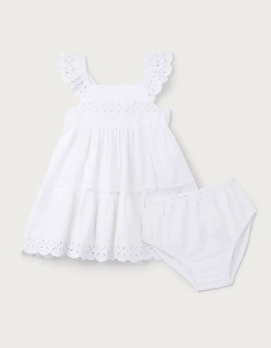 Organic Cotton Blend Broderie Detail Tiered Dress (0–4yrs)