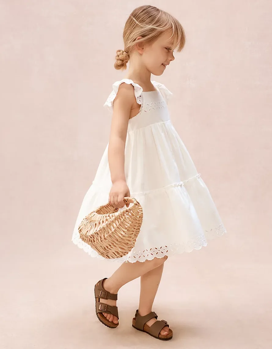 Organic Cotton Blend Broderie Detail Tiered Dress (0–4yrs)