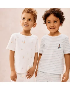 Organic Cotton Blend Relaxed Fit Watercolour Boat & Stripe Pyjamas – Set of 2 (1–12yrs)