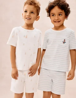 Organic Cotton Blend Relaxed Fit Watercolour Boat & Stripe Pyjamas – Set of 2 (1–12yrs)