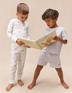 Organic Cotton Blend Slim Fit Lakehouse & Stripe Pyjamas — Set of 2 (2–12yrs)