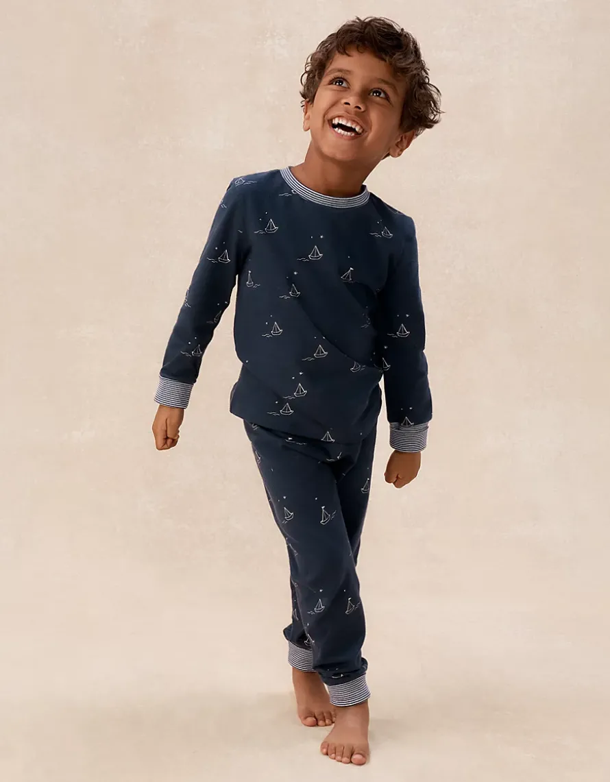 Organic Cotton Blend Slim Fit Glow In The Dark Boat Print Pyjamas (2–12yrs)
