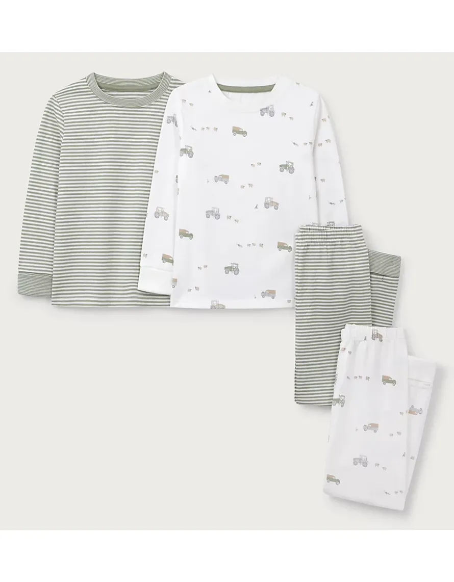 Organic Cotton Blend Slim Fit Farm and Stripe Pyjamas — Set of 2 (2-12yrs)