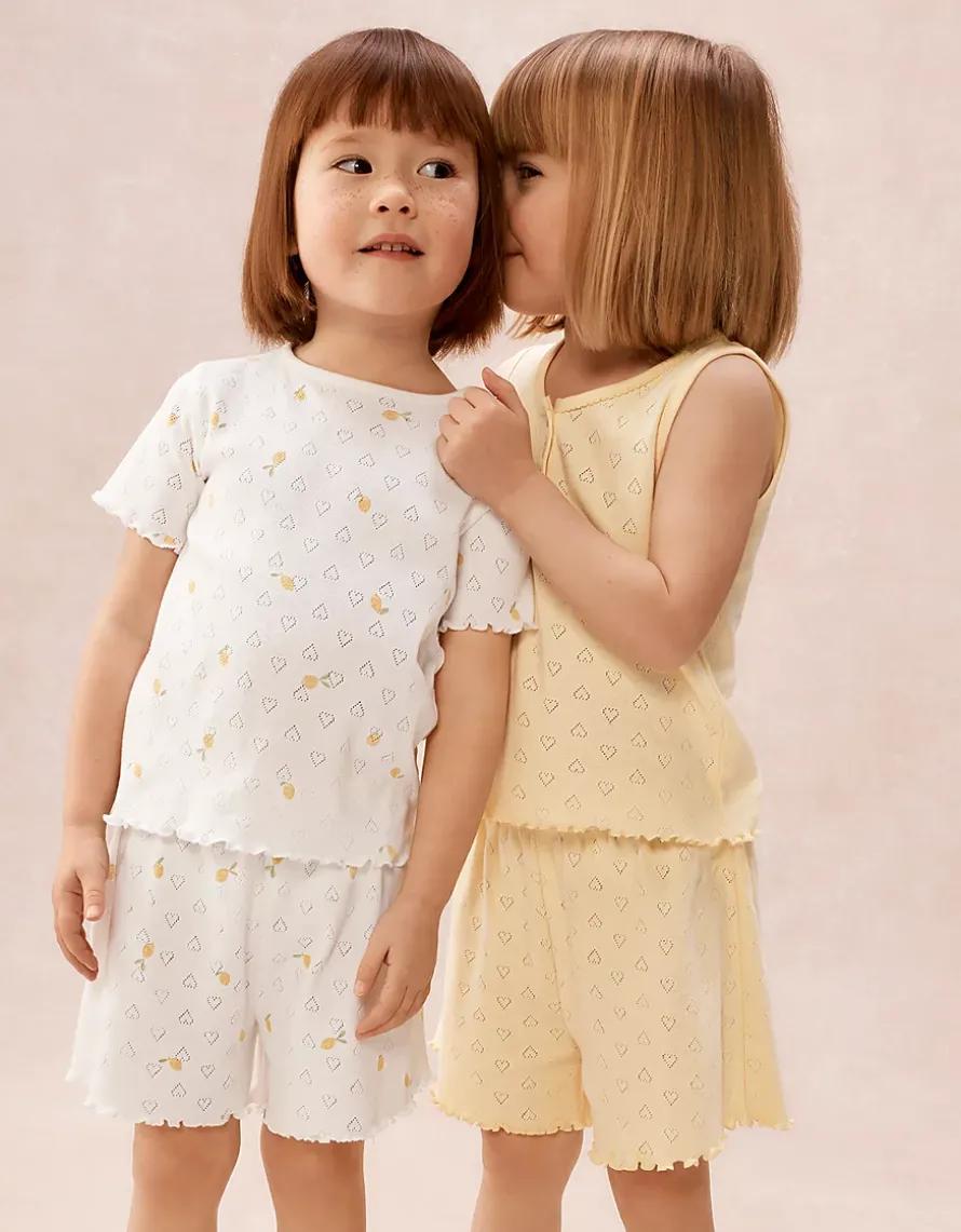 Organic Cotton Blend Slim Fit Lemon Pointelle Pyjamas – Set of 2 (1–12yrs)
