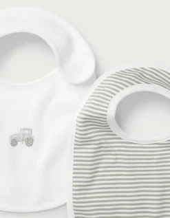 Organic Cotton Blend Tractor Embroidered & Stripe Bibs — Set of 2