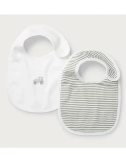 Organic Cotton Blend Tractor Embroidered & Stripe Bibs — Set of 2