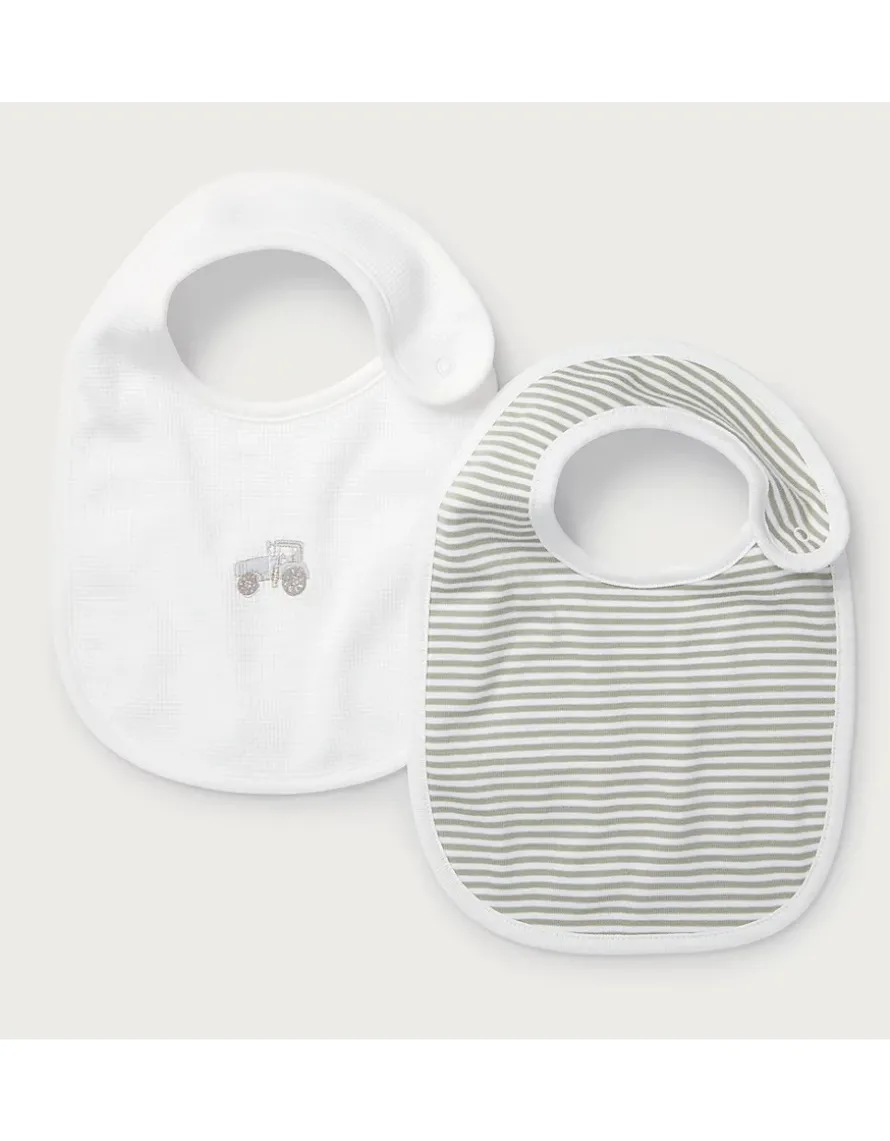 Organic Cotton Blend Tractor Embroidered & Stripe Bibs — Set of 2