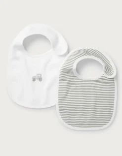 Organic Cotton Blend Tractor Embroidered & Stripe Bibs — Set of 2