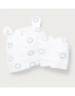 Organic Cotton Blue Lion Hat & Mittens Set (0–12mths)